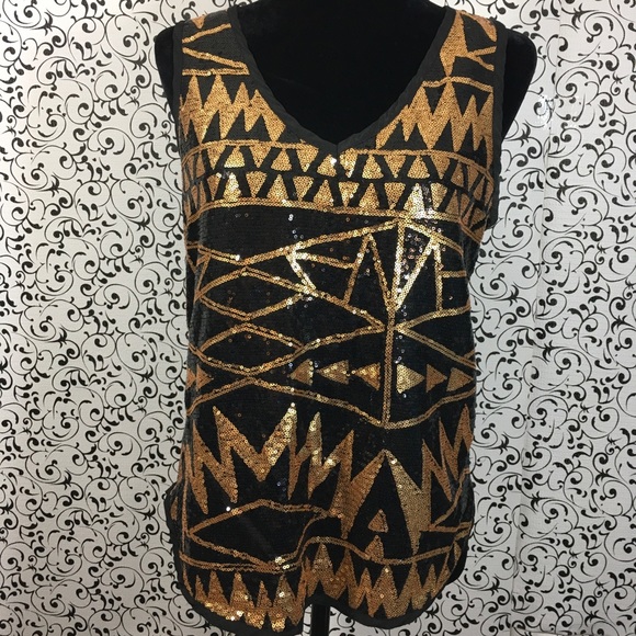 Chloe K Tops - Chloe K Black and Gold Sequin Tank Top